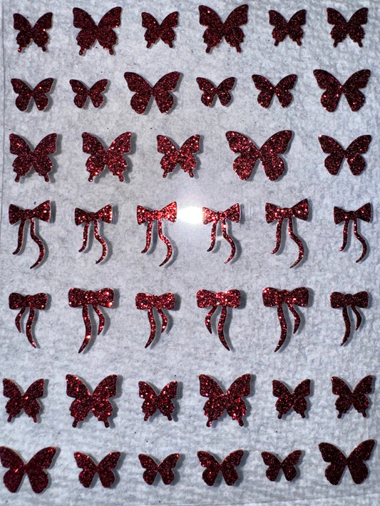 NAIL ART STICKER - RED GLITTER BOWS & BUTTERFLIES